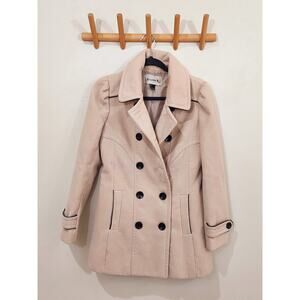 Kingdom B Classic Beige Pea Coat with Black Trim Womens Size Large